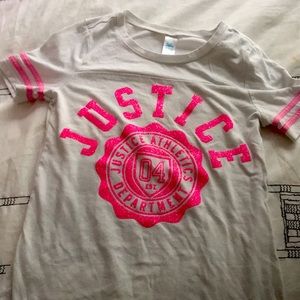 White justice top w/ pink glitter words